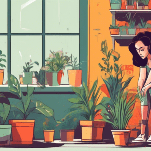 A woman waters a small potted plant in a sparsely decorated garage, her face a mixture of sadness and determination, with a For Rent sign visible through the window.