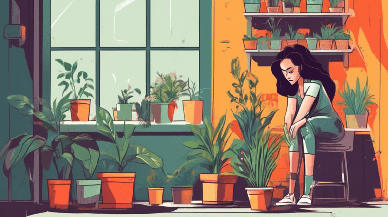 Financial difficulties led us to move my mother into the garage for rental income 1 A woman waters a small potted plant in a sparsely decorated garage, her face a mixture of sadness and determination, with a For Rent sign visible through the window.