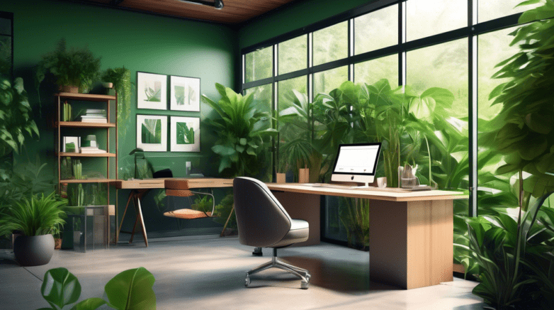 Home Office Garage Conversion: A Step-by-Step Guide 1 A modern home office inside a converted garage with glass walls, natural light pouring in, surrounded by lush green plants, with a sleek desk and ergonomic chair.