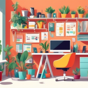 A cluttered garage being transformed into a bright, organized home office with a desk, computer, plants, and tools neatly stored on the wall.
