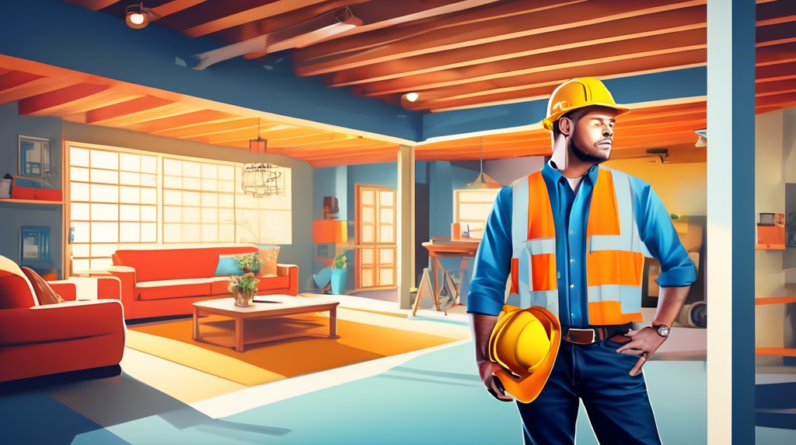 Understanding Garage Conversion Cost: A Comprehensive Guide 1 A construction worker standing in a garage, holding blueprints, with a luxurious living room superimposed over the existing garage space.