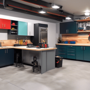 A modern and luxurious garage transformation before and after, with high-end finishes and tools.