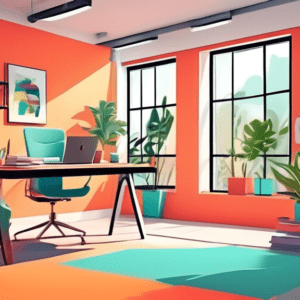A bright, modern home office in a converted garage, large windows, desk with computer, comfortable chair, plants, stylish lamp.