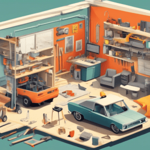 A cutaway illustration of a garage being converted into a living space, with construction tools and furniture scattered around, and a detailed breakdown of costs.