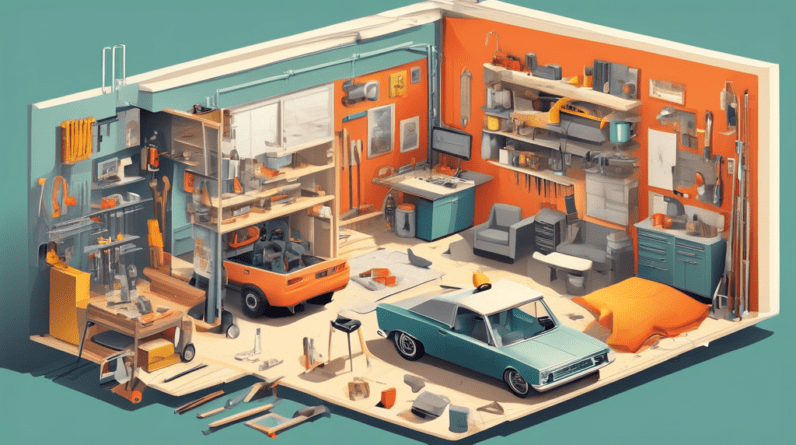 Breaking Down Garage Conversion Expenses 1 A cutaway illustration of a garage being converted into a living space, with construction tools and furniture scattered around, and a detailed breakdown of costs.