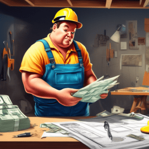 A construction worker reviewing blueprints in a garage being converted into a living space, with a piggy bank filled with money sitting on a toolbox in the foreground.