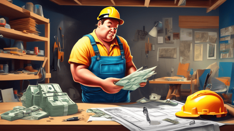 Budgeting for a Garage Conversion: Tips for Success 7 A construction worker reviewing blueprints in a garage being converted into a living space, with a piggy bank filled with money sitting on a toolbox in the foreground.