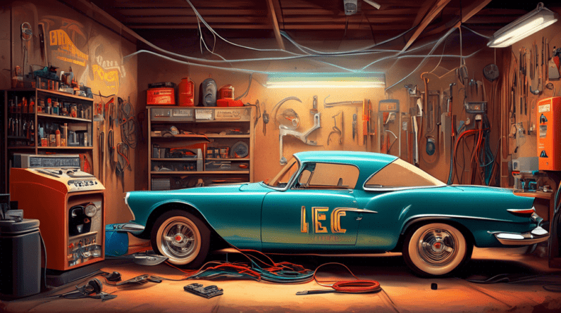 Cars converted to electric power at Cape Girardeau garage 11 A classic car inside a garage, being converted to electric power, with an electric engine visible and sparking, tools scattered around, Cape Girardeau sign on the wall