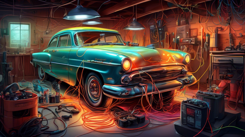 Cars converted to electric power at Cape Girardeau garage 1 A classic car inside a garage, being worked on by mechanics, with glowing wires and electrical components replacing the engine, set in Cape Girardeau.