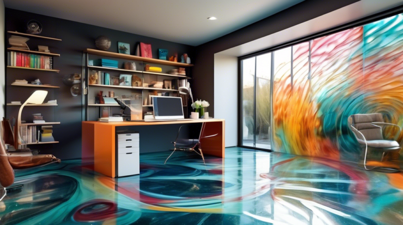 Choosing the Right Flooring for Your Garage Office 1 A stylish home office built inside a garage, with glass walls, natural light, and a unique floor made of epoxy resin with a metallic swirl design.