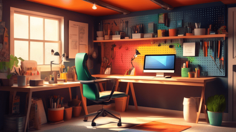 Convert Your Garage to an Office: What You Need to Know 1 A cozy and well-lit home office inside a converted garage with a laptop on a desk, tools neatly organized on a pegboard wall, and sunlight streaming through a window.