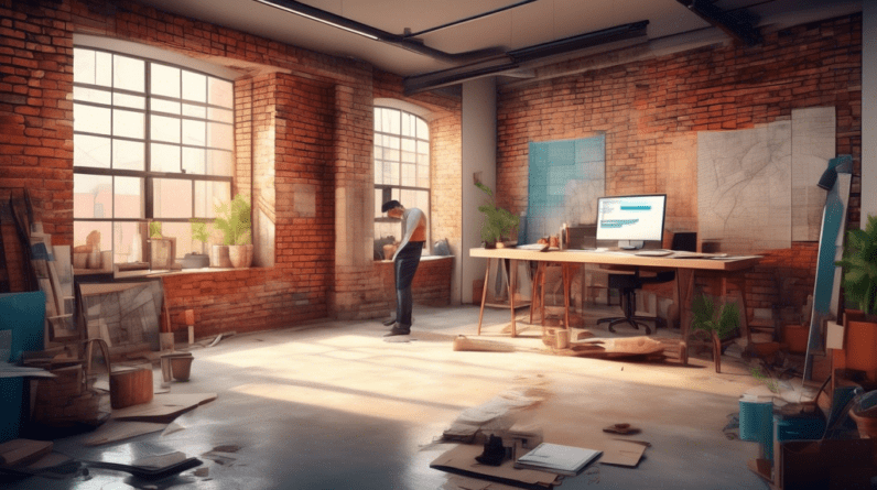 Cost of Converting a Garage to a Studio: A Breakdown 1 A contractor reviewing blueprints in a garage being converted into a stylish studio apartment, with exposed brick and natural light.
