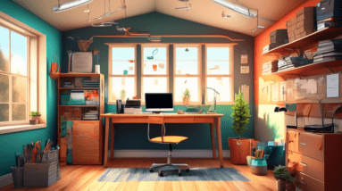 A cozy home office built inside a converted garage, with natural light streaming through windows, a comfortable desk setup, and tools and storage solutions on the wall. A thought bubble above the des