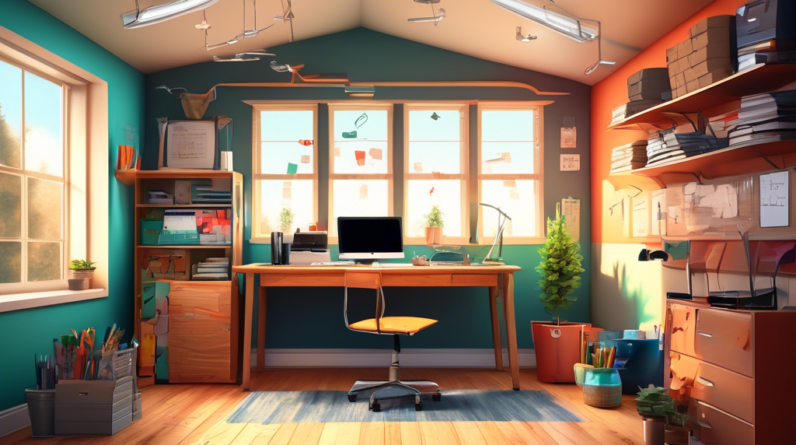 A cozy home office built inside a converted garage, with natural light streaming through windows, a comfortable desk setup, and tools and storage solutions on the wall. A thought bubble above the des