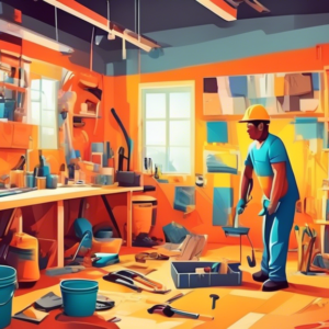 A construction worker converting a cluttered garage into a bright living space, with tools and building materials visible.