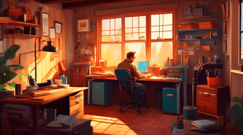 Effective Heating Options for a Cozy Garage Office 13 A cozy, sunlit garage office interior with a vintage wood stove radiating warmth and a person working comfortably at a desk.