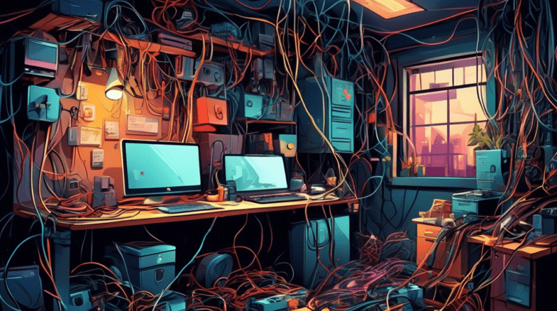 Electrical Wiring Essentials for a Safe Garage Office 3 A tangled mess of electrical wires plugged into overloaded power strips illuminates a dark and cluttered garage office.