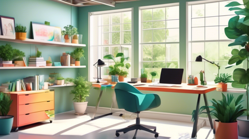 Ensuring Proper Ventilation in Your Garage Office 11 A bright and airy home office in a converted garage, with large windows, open doors showing greenery, and a sleek desk setup.
