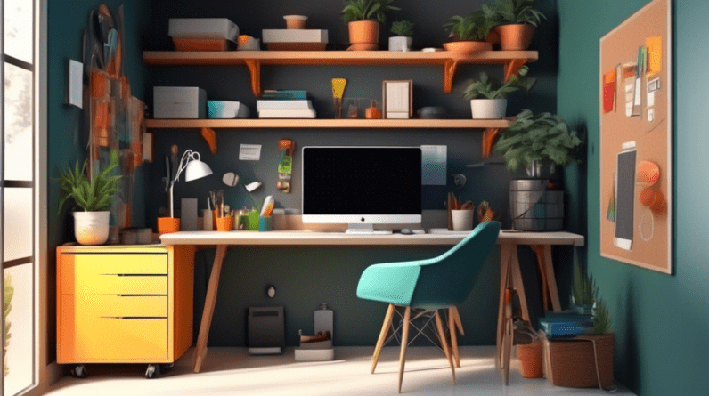 Essential Garage Office Plans for Every Budget 1 A stylish garage office with tools on the wall transitioning into a desk setup with a computer, brightly lit with natural light.