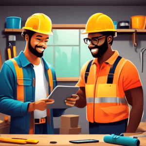 A construction worker showing a homeowner different price options on a tablet, in a garage being converted into a living space, with tools and building materials visible.