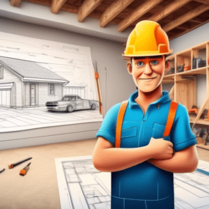 A contractor pointing to a detailed blueprint of a garage conversion with construction tools and materials in the background.