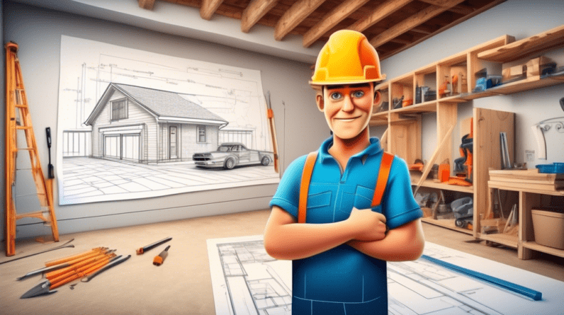 Factors Affecting Garage Conversion Cost: A Detailed Look 3 A contractor pointing to a detailed blueprint of a garage conversion with construction tools and materials in the background.
