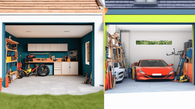 Garage Conversion Cost Comparison: DIY vs. Professional 11 A split screen image, one side showing a DIY garage conversion cluttered with tools and unfinished construction, the other side showing a sleek, finished garage conversion done by professionals.