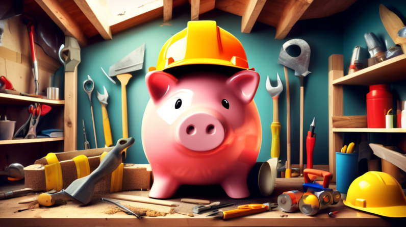 Garage Conversion Financing Options: A Guide 1 A piggy bank wearing a construction hat sitting inside a garage being converted into a living space, surrounded by tools and building materials.
