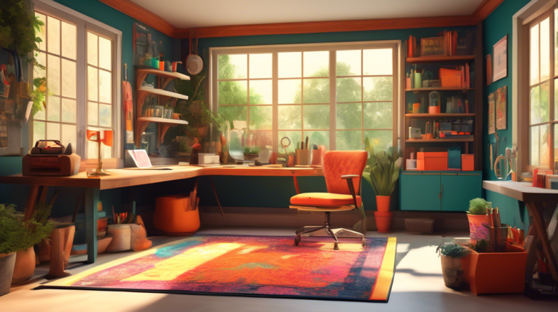 Garage Office Decor Ideas: Personalize Your Workspace 1 A cozy and personalized garage office with tools on the wall, a vintage rug, and a large window overlooking a garden.