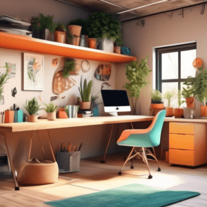 A stylish and functional home office inside a converted garage, filled with natural light, plants, and a comfortable desk setup.