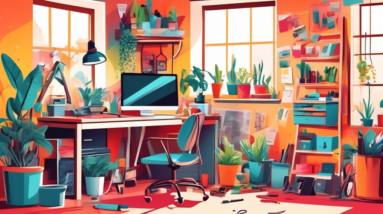 A messy garage being transformed into a bright and organized home office, with tools being replaced by a desk, computer, and plants.