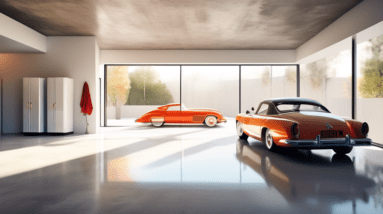 A modern, spacious garage with sleek white cabinets, polished concrete floors, and a classic car parked inside, bathed in warm sunlight streaming through a large window.