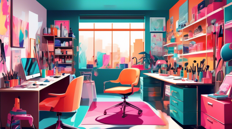 Garage Transformation: Office and Beauty Room 1 A cluttered garage transforming into a split space, one side a bright, modern office with a desk and computer, the other a luxurious beauty room with a vanity mirror and makeup brushes, separated by a