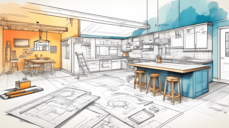 Garage to ADU Conversion: Understanding the Cost 1 A craftsman's hand sketching architectural plans for a garage conversion into a modern ADU, with construction tools and warm interior design elements surrounding the blueprint.
