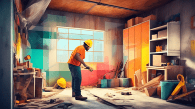 A construction worker converting a cluttered garage into a stylish, modern apartment, with a transparent cost breakdown overlay.