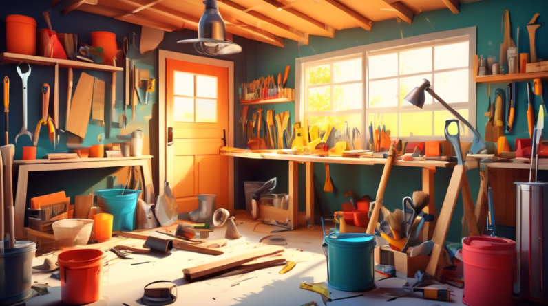 Garage to Guest House Conversion Cost: What to Expect 5 A construction crew renovating a cluttered garage into a charming guest house, with tools and building materials scattered around and sunlight streaming through a new window.