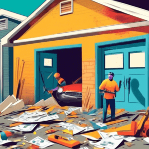 A surprised homeowner opening a garage door to find a stack of bills instead of their car, with construction tools scattered around.
