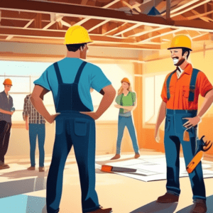 A construction worker in a hard hat and tool belt discussing blueprints with smiling homeowners in a garage, with one wall partially removed revealing a bright living space.