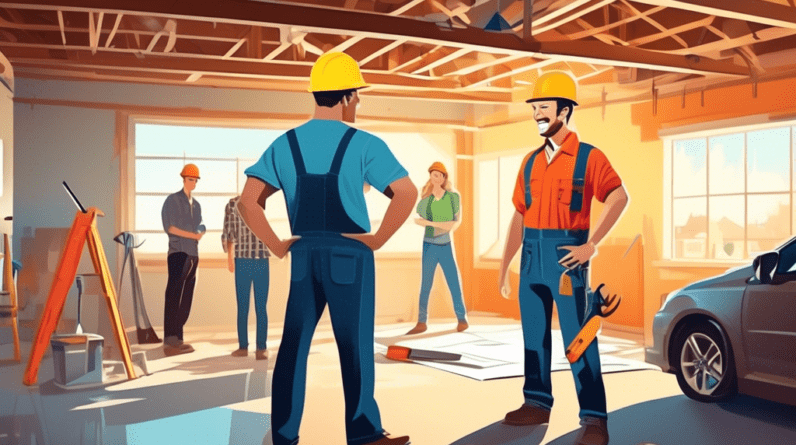 Hiring a Professional for Your Garage Conversion: Costs Explained 1 A construction worker in a hard hat and tool belt discussing blueprints with smiling homeowners in a garage, with one wall partially removed revealing a bright living space.