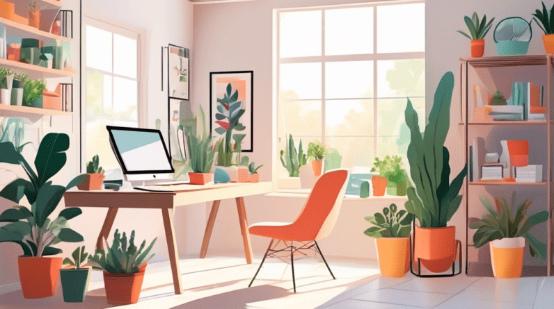 Home Office Design Tips for a Converted Garage 1 A bright and airy home office in a converted garage with large windows, minimalist desk, and potted plants.