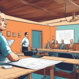 A homeowner presenting blueprints of a garage conversion to a city council, with a massage table and sports equipment in the background and a skeptical-looking council member in the foreground.