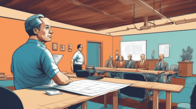 A homeowner presenting blueprints of a garage conversion to a city council, with a massage table and sports equipment in the background and a skeptical-looking council member in the foreground.