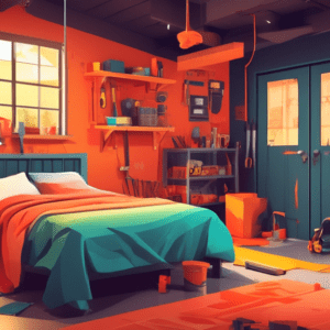 A construction crew finishing the conversion of a garage into a cozy bedroom, with tools and building materials scattered around.