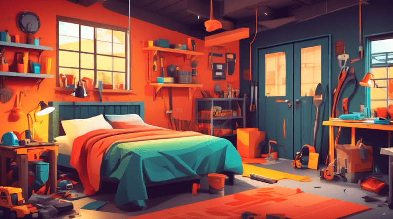 How Much Does It Cost to Convert a Garage to a Bedroom? 1 A construction crew finishing the conversion of a garage into a cozy bedroom, with tools and building materials scattered around.