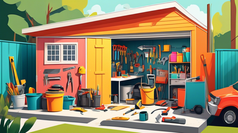 How Much Does It Cost to Convert a Garage to a Granny Flat? 13 A construction crew converting a cluttered garage into a bright, modern granny flat with a toolshed outside.