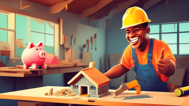 How to Achieve Garage Conversion Cost Savings 1 A construction worker smiling and pointing at a half-finished garage conversion with a piggy bank full of money sitting on a table saw in the foreground.