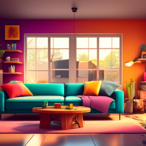 A cozy living room with modern furniture and large windows, converted from a garage, with construction tools visible outside.