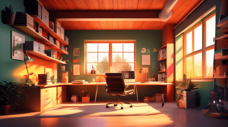 How to Properly Insulate Your Garage Office 1 A cozy home office inside a garage, with visible insulation in the walls and ceiling, bathed in warm sunlight streaming through a window.