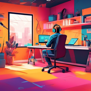 A soundproofed, cozy, and brightly lit garage office with noise-dampening panels on the walls and a person working at a desk with headphones on, oblivious to the loud construction noises outside.