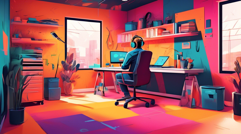 How to Soundproof Your Garage Office for Better Focus 9 A soundproofed, cozy, and brightly lit garage office with noise-dampening panels on the walls and a person working at a desk with headphones on, oblivious to the loud construction noises outside.